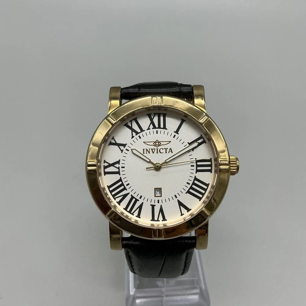 Invicta Specialty Trinity Mens Watch 42mm Gold Tone 13971 Leather New Battery